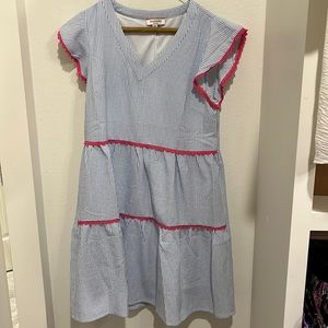 Light blue seersucker dress with hot pink detail on sleeves and front, size sm